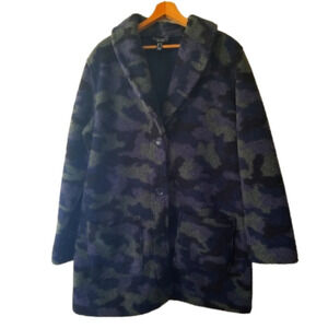 Camouflage Teddy Fleece Long Jacket Cozy Lined Susan Graver Weekend Medium-Large